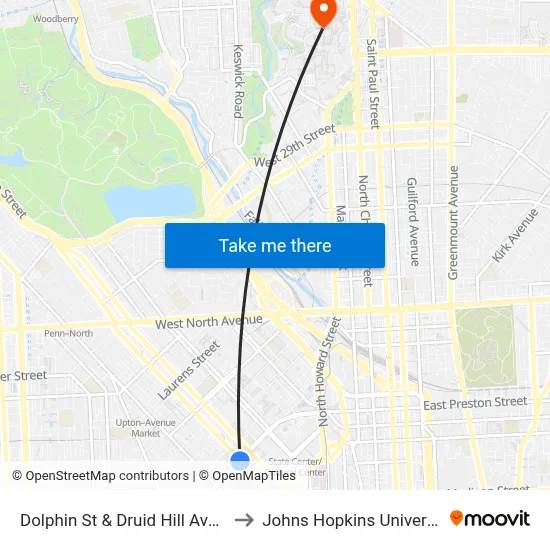 Dolphin St & Druid Hill Ave Eb to Johns Hopkins University map