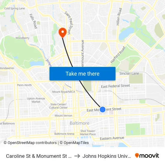 Caroline St & Monument St FS Nb to Johns Hopkins University map