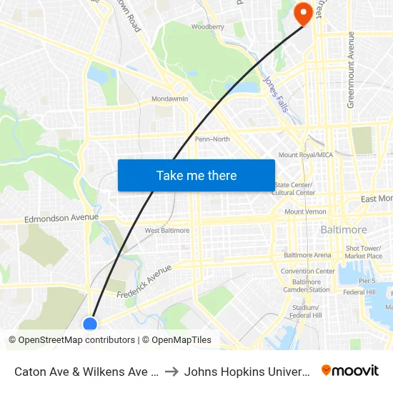Caton Ave & Wilkens Ave Sb to Johns Hopkins University map