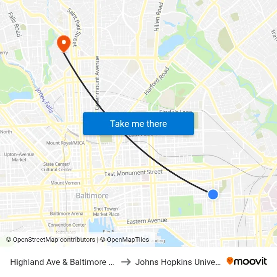 Highland Ave & Baltimore St Sb to Johns Hopkins University map