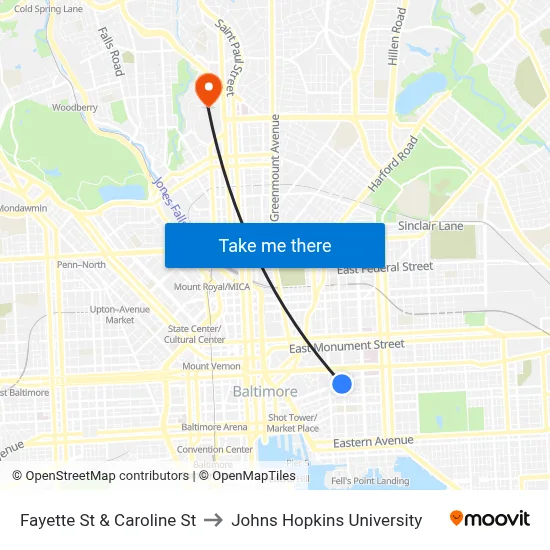 Fayette St & Caroline St to Johns Hopkins University map