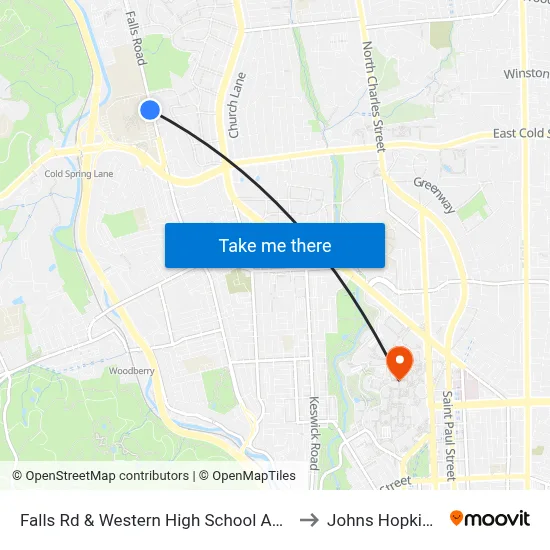 Falls Rd & Western High School And Polytechnic Institute Sb to Johns Hopkins University map