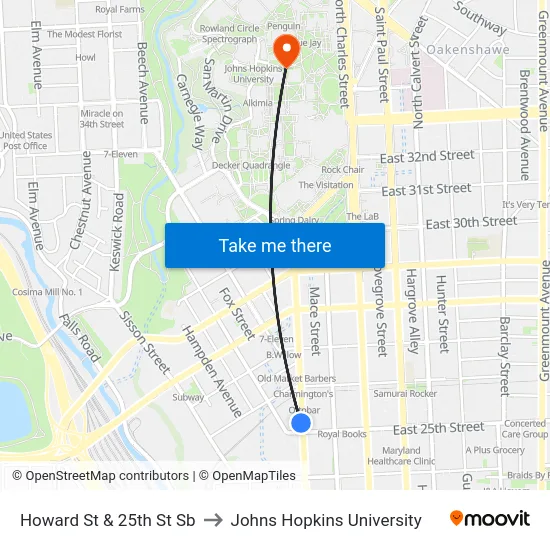 Howard St & 25th St Sb to Johns Hopkins University map