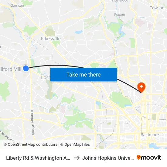Liberty Rd & Washington Ave Sb to Johns Hopkins University map