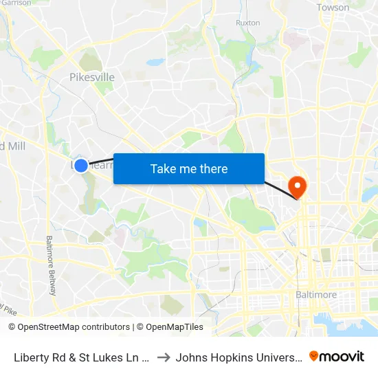 Liberty Rd & St Lukes Ln Sb to Johns Hopkins University map