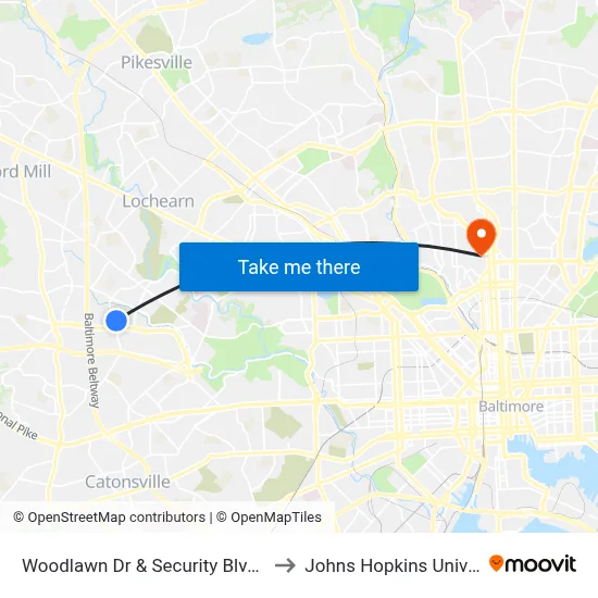 Woodlawn Dr & Security Blvd FS Nb to Johns Hopkins University map