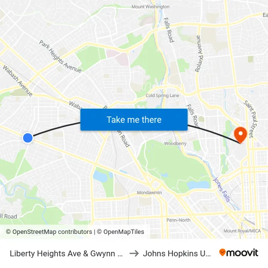 Liberty Heights Ave & Gwynn Oak Ave FS to Johns Hopkins University map