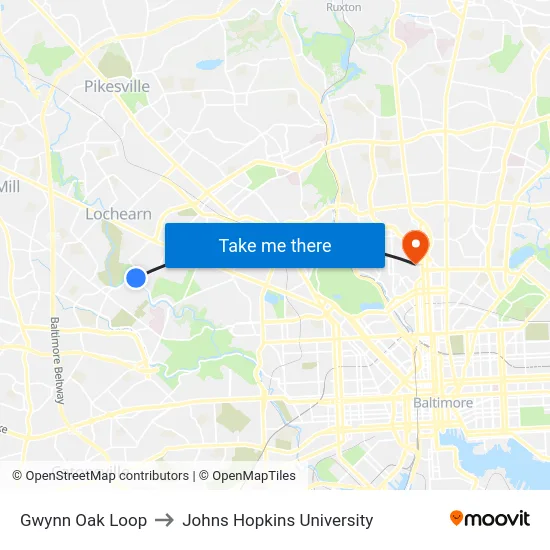 Gwynn Oak Loop to Johns Hopkins University map