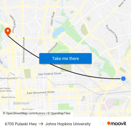 6700 Pulaski Hwy to Johns Hopkins University map