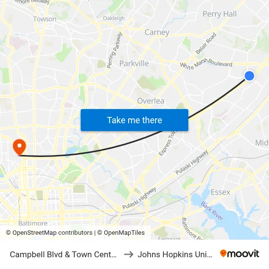 Campbell Blvd & Town Center Dr Nb to Johns Hopkins University map
