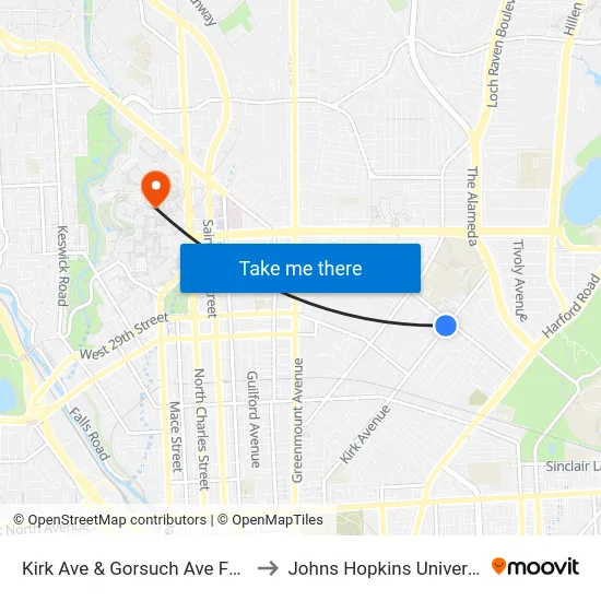 Kirk Ave & Gorsuch Ave FS Sb to Johns Hopkins University map