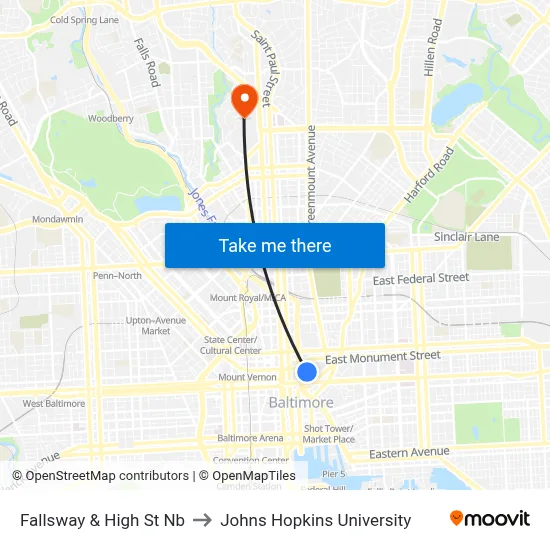 Fallsway & High St Nb to Johns Hopkins University map