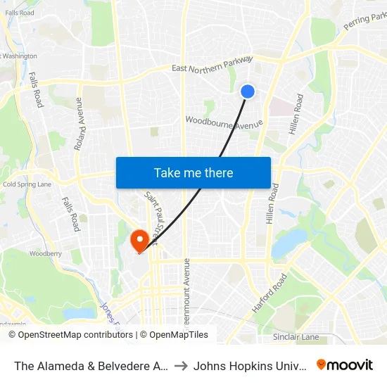 The Alameda & Belvedere Ave Nb to Johns Hopkins University map