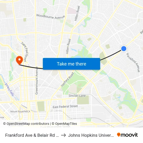 Frankford Ave & Belair Rd Wb to Johns Hopkins University map