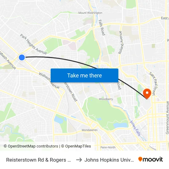 Reisterstown Rd & Rogers Ave Sb to Johns Hopkins University map