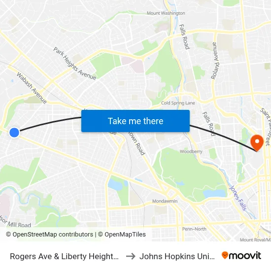 Rogers Ave & Liberty Heights Ave Sb to Johns Hopkins University map