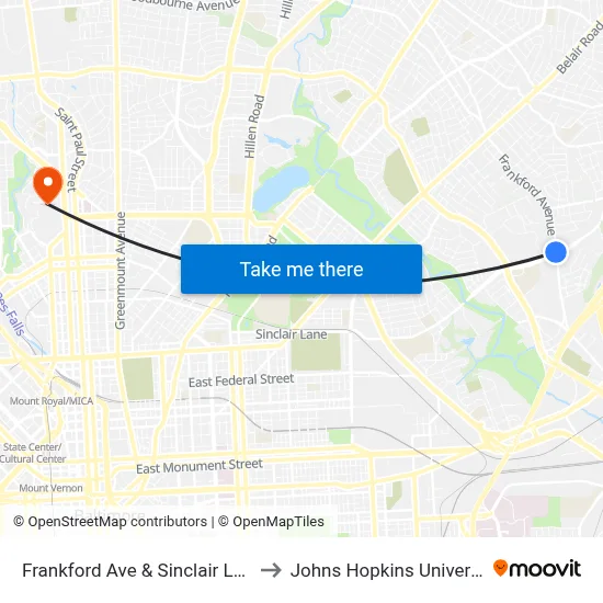 Frankford Ave & Sinclair Ln Sb to Johns Hopkins University map