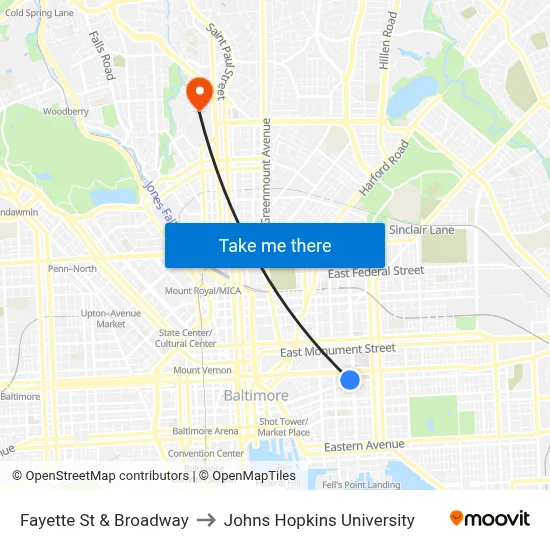 Fayette St & Broadway to Johns Hopkins University map