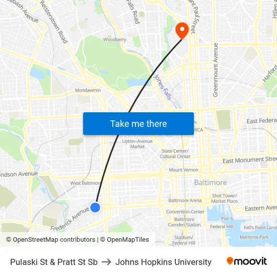 Pulaski St & Pratt St Sb to Johns Hopkins University map