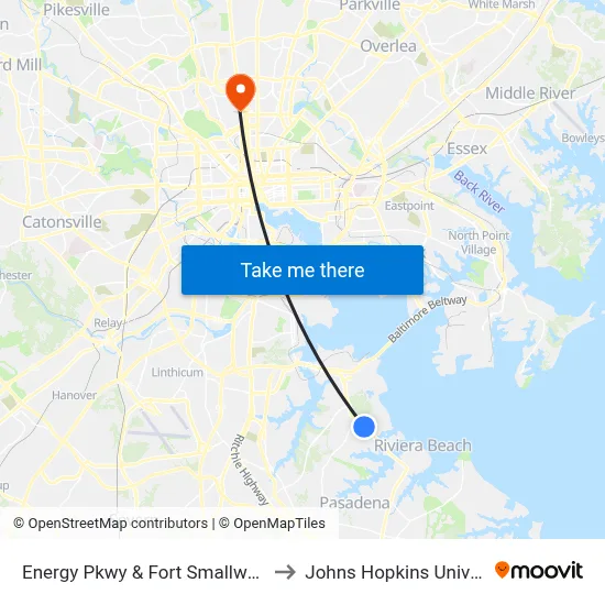 Energy Pkwy & Fort Smallwood Rd to Johns Hopkins University map