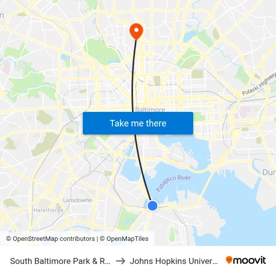 South Baltimore Park & Ride to Johns Hopkins University map