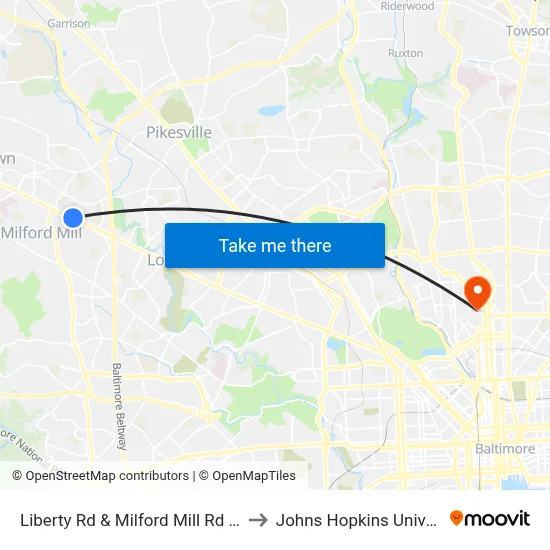 Liberty Rd & Milford Mill Rd FS Nb to Johns Hopkins University map