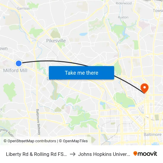Liberty Rd & Rolling Rd FS Wb to Johns Hopkins University map