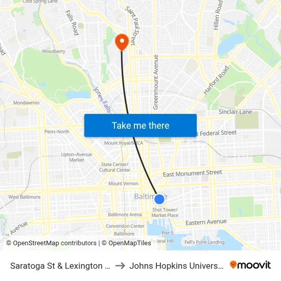 Saratoga St & Lexington St to Johns Hopkins University map