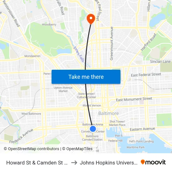 Howard St & Camden St Sb to Johns Hopkins University map