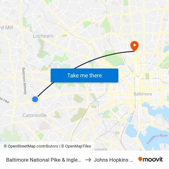 Baltimore National Pike & Ingleside Ave FS Wb to Johns Hopkins University map