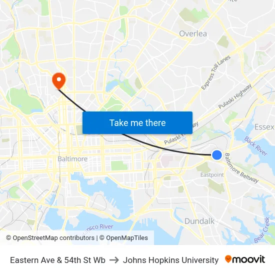Eastern Ave & 54th St Wb to Johns Hopkins University map
