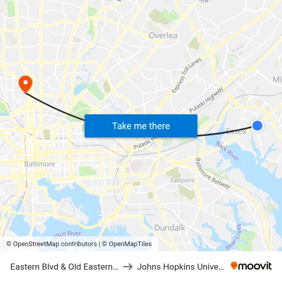 Eastern Blvd & Old Eastern Ave to Johns Hopkins University map
