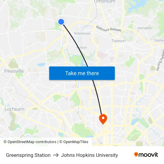 Greenspring Station to Johns Hopkins University map