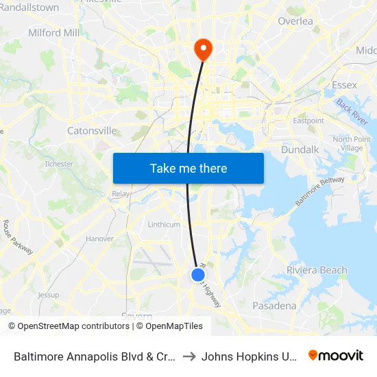Baltimore Annapolis Blvd & Crain Hwy Eb to Johns Hopkins University map