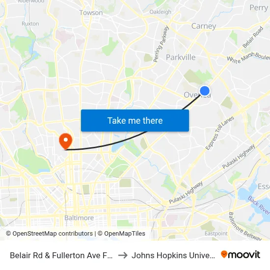 Belair Rd & Fullerton Ave FS Nb to Johns Hopkins University map