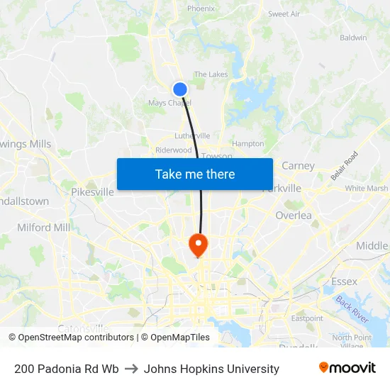 200 Padonia Rd Wb to Johns Hopkins University map