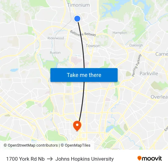 1700 York Rd Nb to Johns Hopkins University map