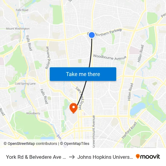York Rd & Belvedere Ave Sb to Johns Hopkins University map