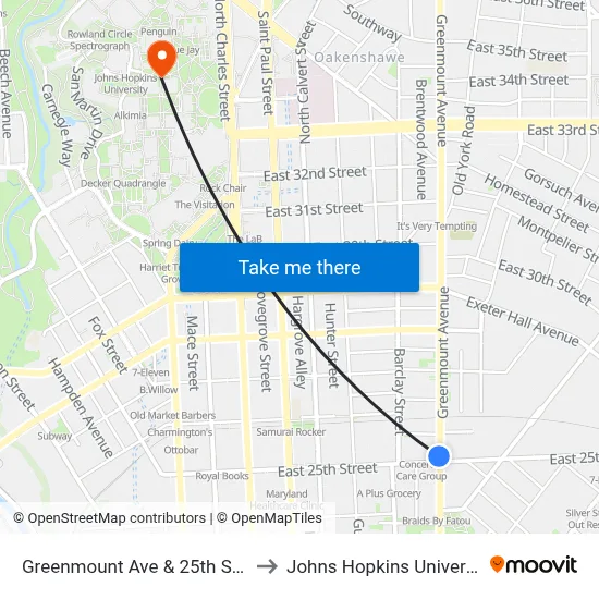 Greenmount Ave & 25th St Sb to Johns Hopkins University map