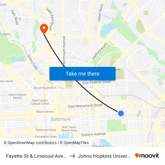 Fayette St & Linwood Ave Eb to Johns Hopkins University map