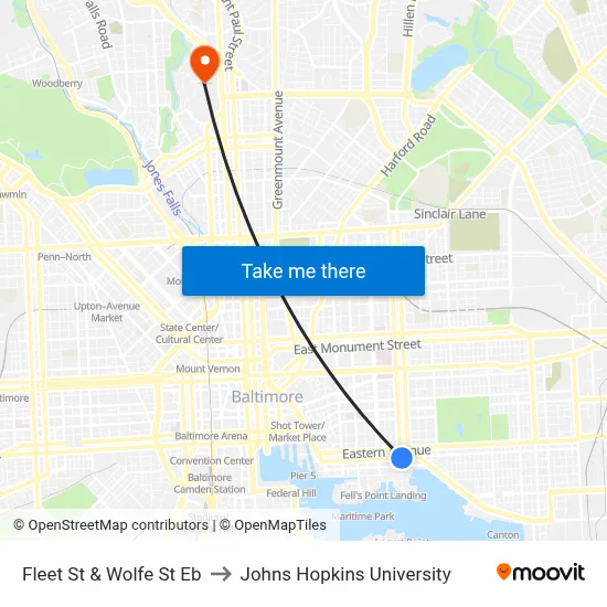 Fleet St & Wolfe St Eb to Johns Hopkins University map