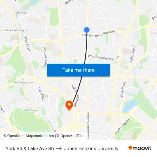 York Rd & Lake Ave Sb to Johns Hopkins University map