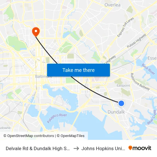 Delvale Rd & Dundalk High School Nb to Johns Hopkins University map
