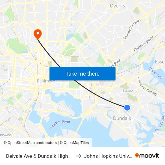 Delvale Ave & Dundalk High Opp Sb to Johns Hopkins University map
