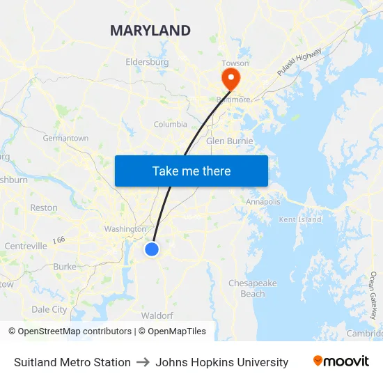 Suitland Metro Station to Johns Hopkins University map