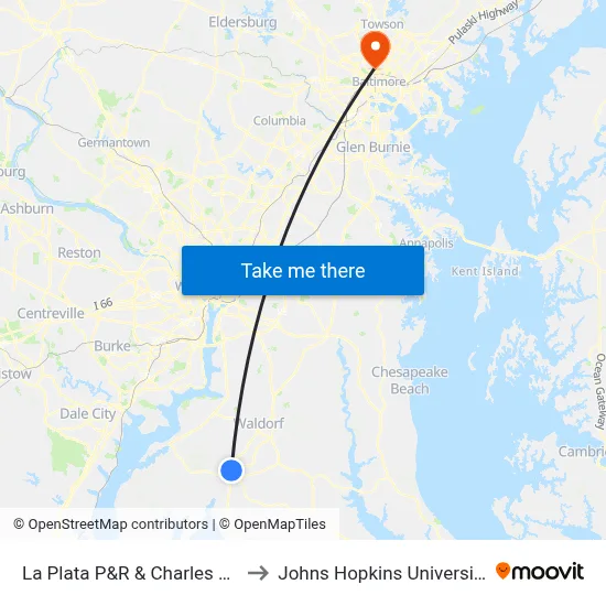 La Plata P&R & Charles Co to Johns Hopkins University map