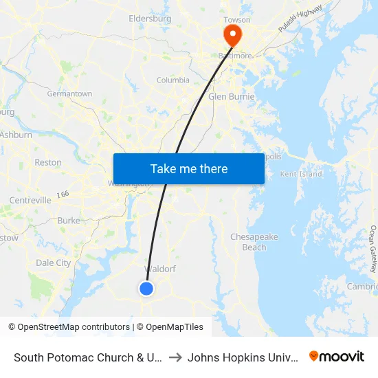 South Potomac Church & Us 301 to Johns Hopkins University map