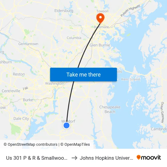 Us 301 P & R & Smallwood Dr to Johns Hopkins University map