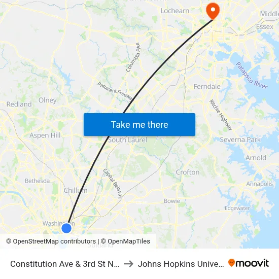 Constitution Ave & 3rd St NW Eb to Johns Hopkins University map