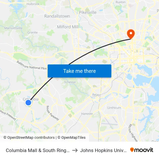 Columbia Mall & South Ring Rd Eb to Johns Hopkins University map